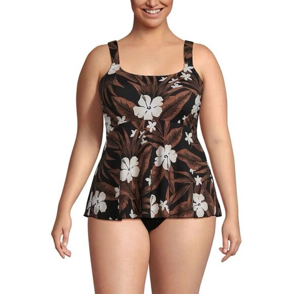 Land’s End Plus Size Flutter soft cup shoulder strap Tankini Black Floral Med - Picture 2 of 4